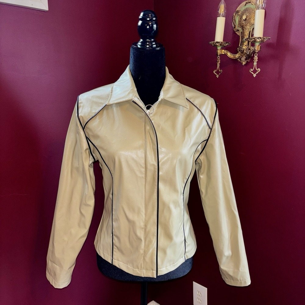 VTG 90s Y2K Women Jacket Sz S Faux Leather Taupe Coat Lined Zip Sleeves Piping